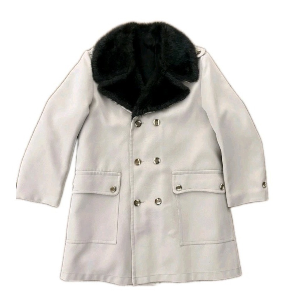 Vtg Sears 1970's Mod Short Trench Coat 42R Faux Fur Collar Lined Double Breasted